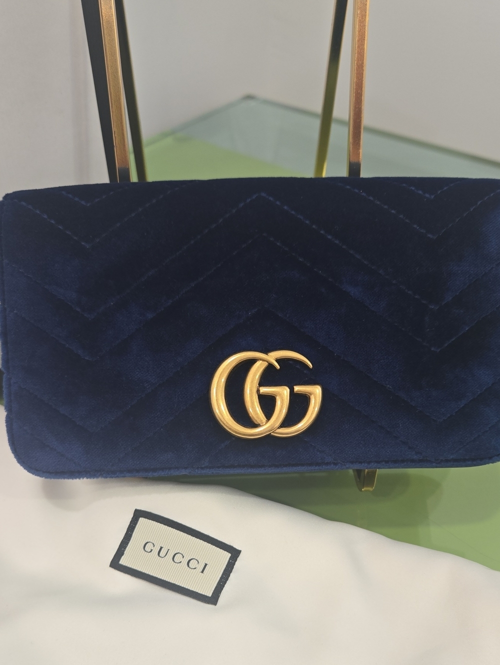 Gucci Velvet Chevron Shoulder Bag in Navy with Gold GG
